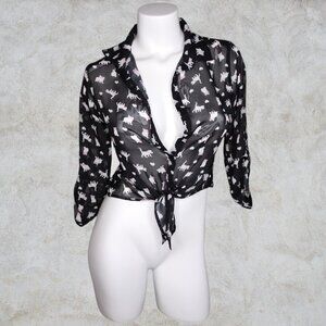 Knitworks White Kitties with Pink Bows Black Sheer Button Up & Tie Girls Blouse